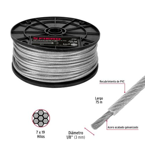 ROLLO DE 75 m CABLE FLEXIBLE DE 1/8" ACERO 7 X 19 RECUBIERTO DE PVC FIERO