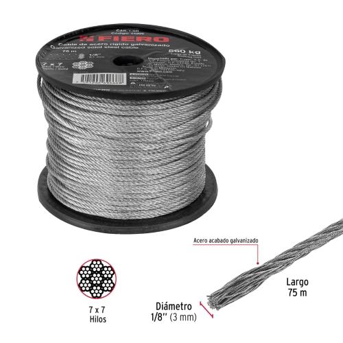 ROLLO DE 75 m CABLE RIGIDO DE 1/8" ACERO 7 X 7 FIERO