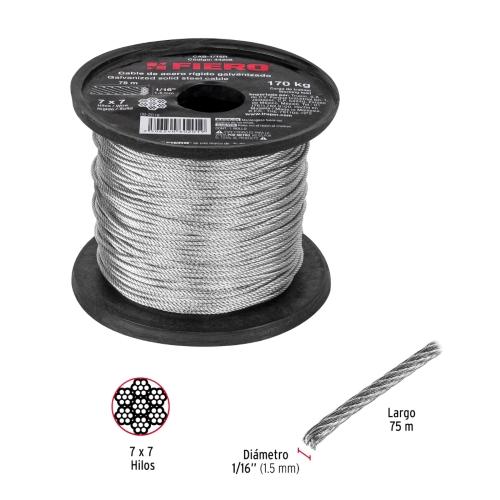 ROLLO DE 75 m CABLE RIGIDO DE 1/16" ACERO 7 X 7 FIERO