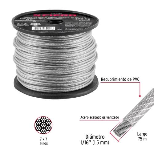 ROLLO DE 75 m CABLE RIGIDO DE 1/16" ACERO 7 X 7 RECUBIERTO DE PVC FIERO
