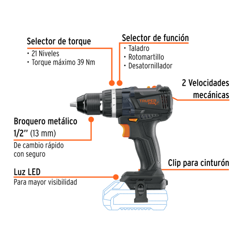 ROTOMARTILLO INALÁMBRICO 1/2, 20V, S/ACCESORIOS, TRUPER MAX
