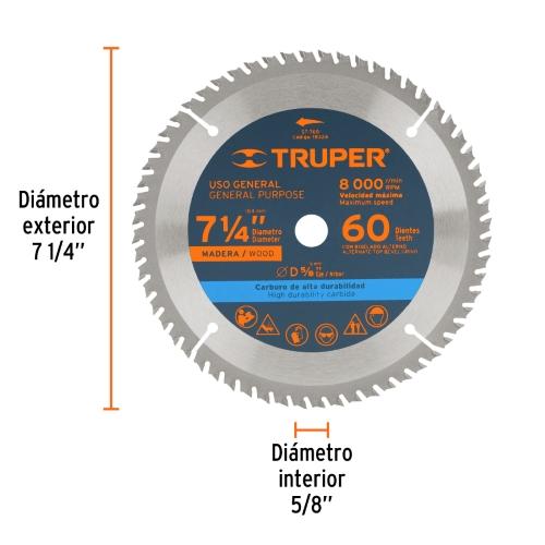 DISCO SIERRA 7- 1/4" PARA MADERA 60 DIENTES CENTRO 5/8"