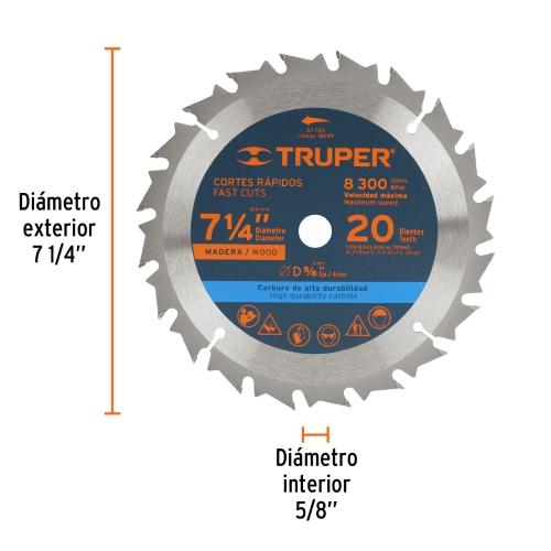 DISCO SIERRA 7- 1/4" PARA MADERA 20 DIENTES CENTRO 5/8"