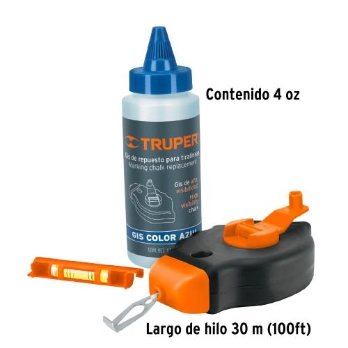 TIRALINEAS PLASTICO CON GIS AZUL Y NIVEL 30 m (100 FT)