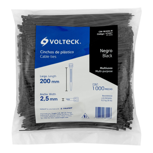 BOLSA CON 1000 CINCHOS PLASTICO 20CMX2.5MM NEGROS VOLTECK