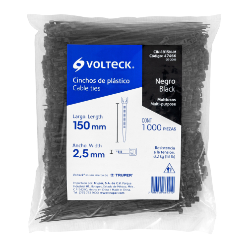 BOLSA CON 1000 CINCHOS PLASTICOS 15CMX2.5MM NEGROS VOLTECK
