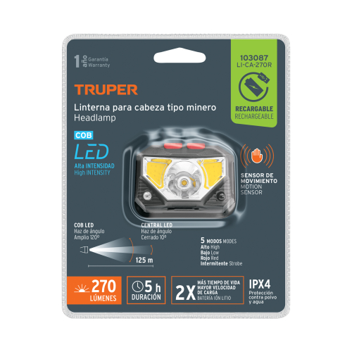 LINTERNA DE MINERO LED 270 LM SENSOR  RECARGADABLE  TRUPER