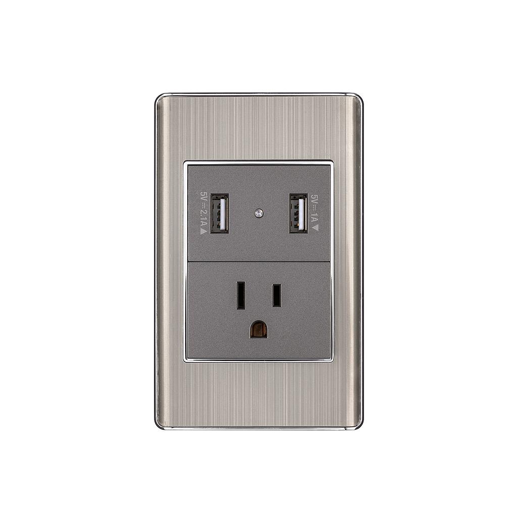 PLACA ARMANDO ACERO CONTACTO Y 2 PUERTOS USB 1.5 MÓD  LISBOA  VOLTECK