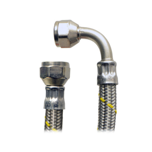 MANGUERA DE ACERO INOXIDABLE PARA GAS USO DOMESTICO 3/8" FLARE X 3/8" X 90º CODO COFLEX