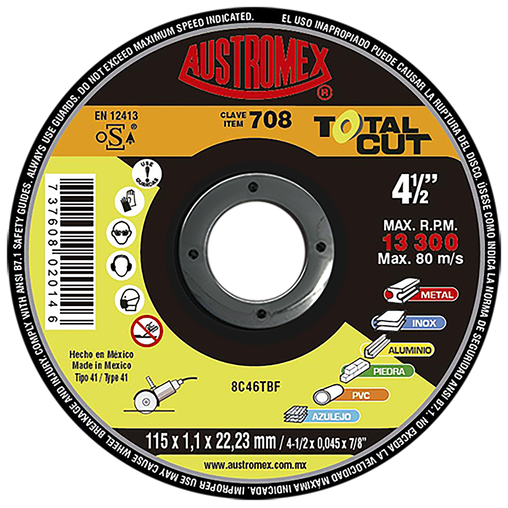 DISCO MULTIPROPOSITO DE 4-1/2" PARA CORTE DE METAL  PIEDRA  PVC  ACULEJO TOTAL CUT AUSTROMEX