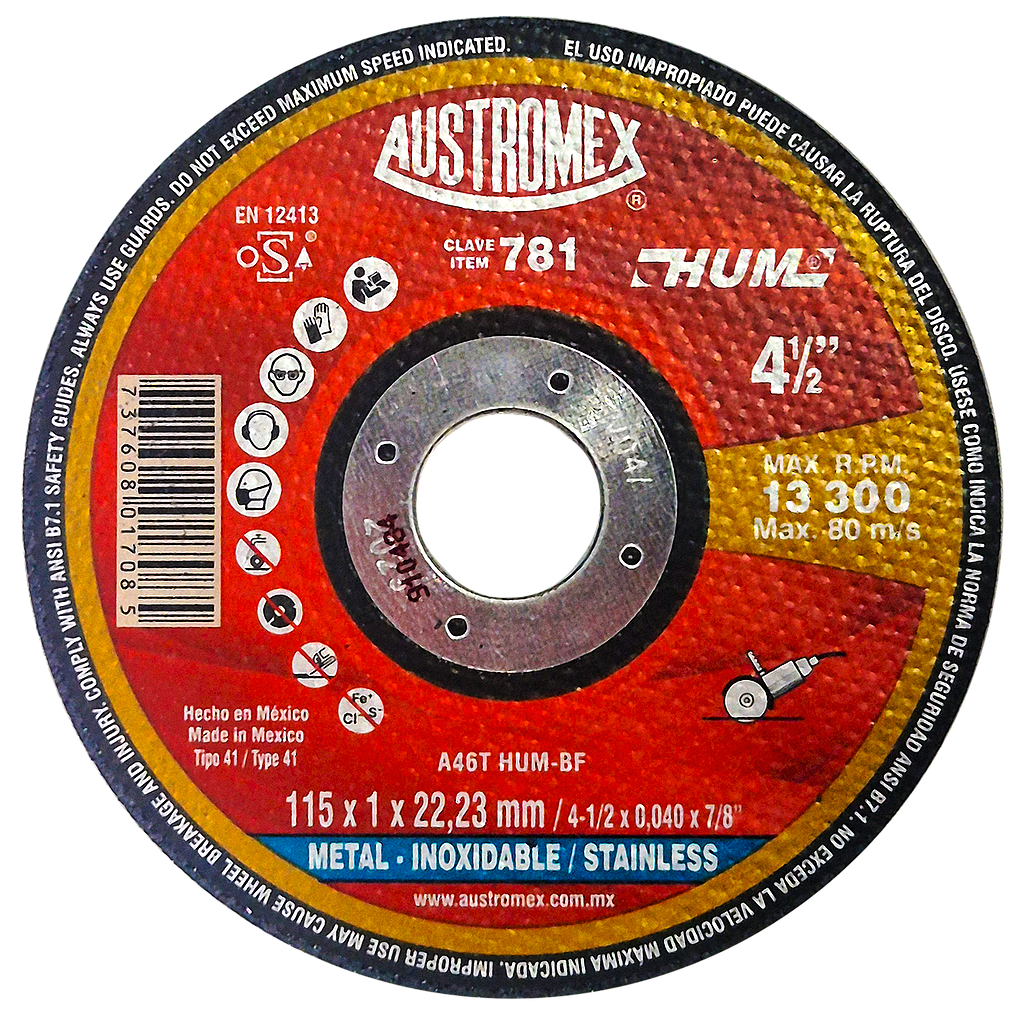 DISCO ABRASIVO DE 4-1/2" PARA CORTE DE ACERO INOXIDABLE  AUSTROMEX
