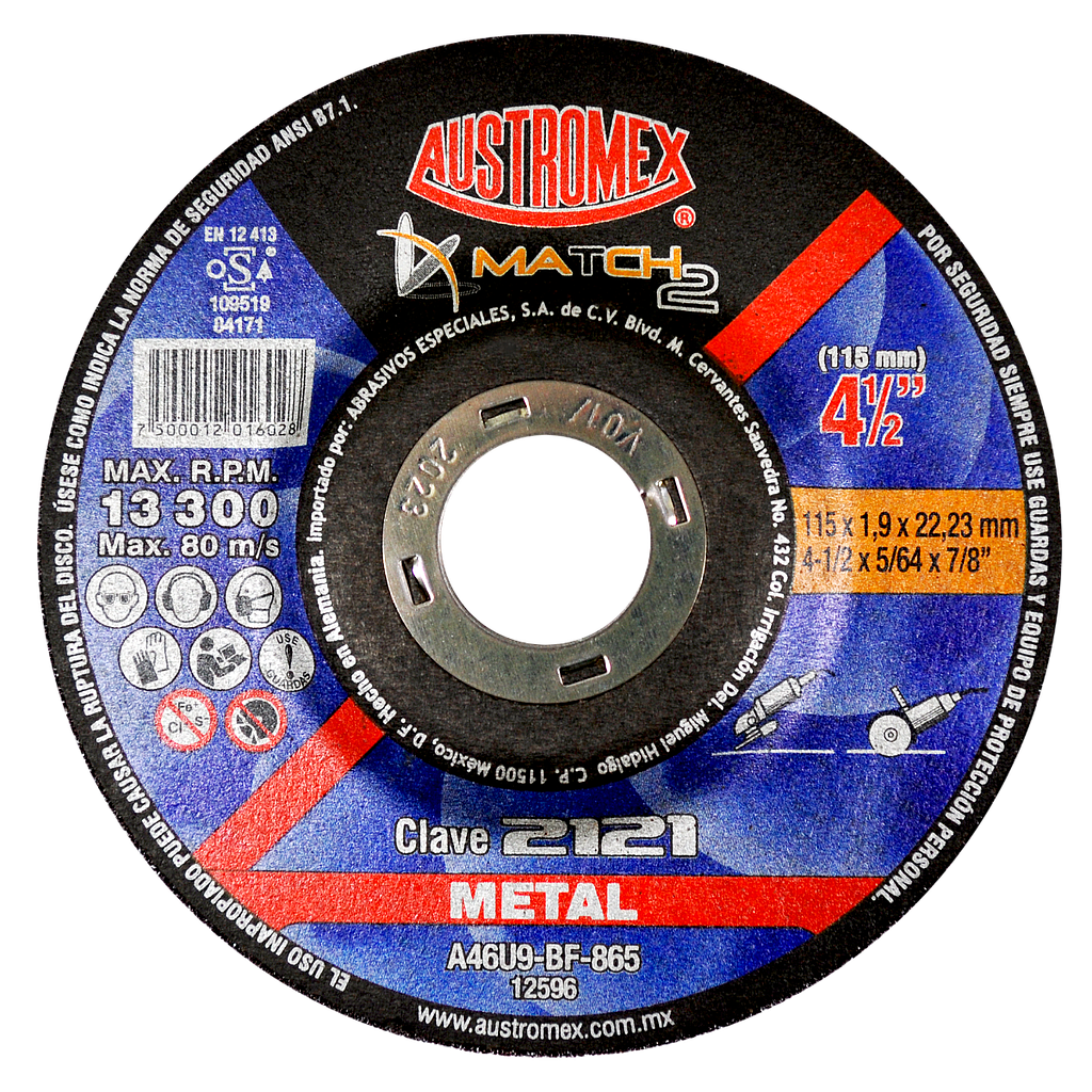 DISCO ABRASIVO DE 4-1/2" PARA CORTE Y DESBASTE DE METAL  ACERO  GALVANIZADO  ACERO ESTRUCTURAL AUSTROMEX