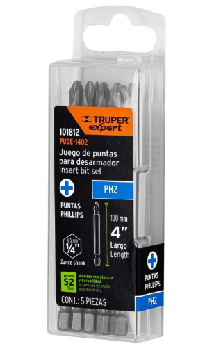 ESTUCHE CON 5 PUNTAS DE CRUZ PH2 LARGO 4" TRUPER EXPERT