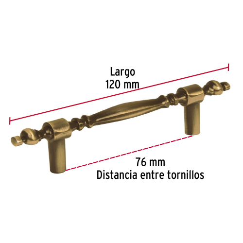 JALADERA METALICA DE 76 MM ESTILO COLONIAL LATON ANTIGUO