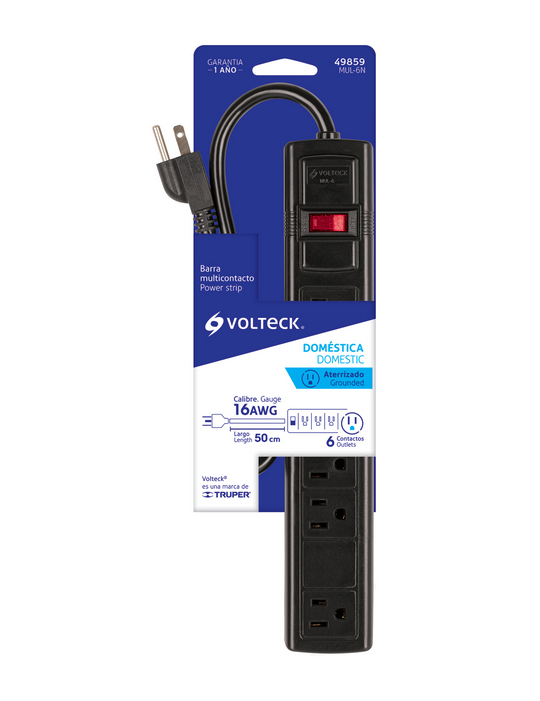 MULTICONTACTO 16 AWG DOMÉSTICO CON 6 ENTRADAS  NEGRO VOLTECK