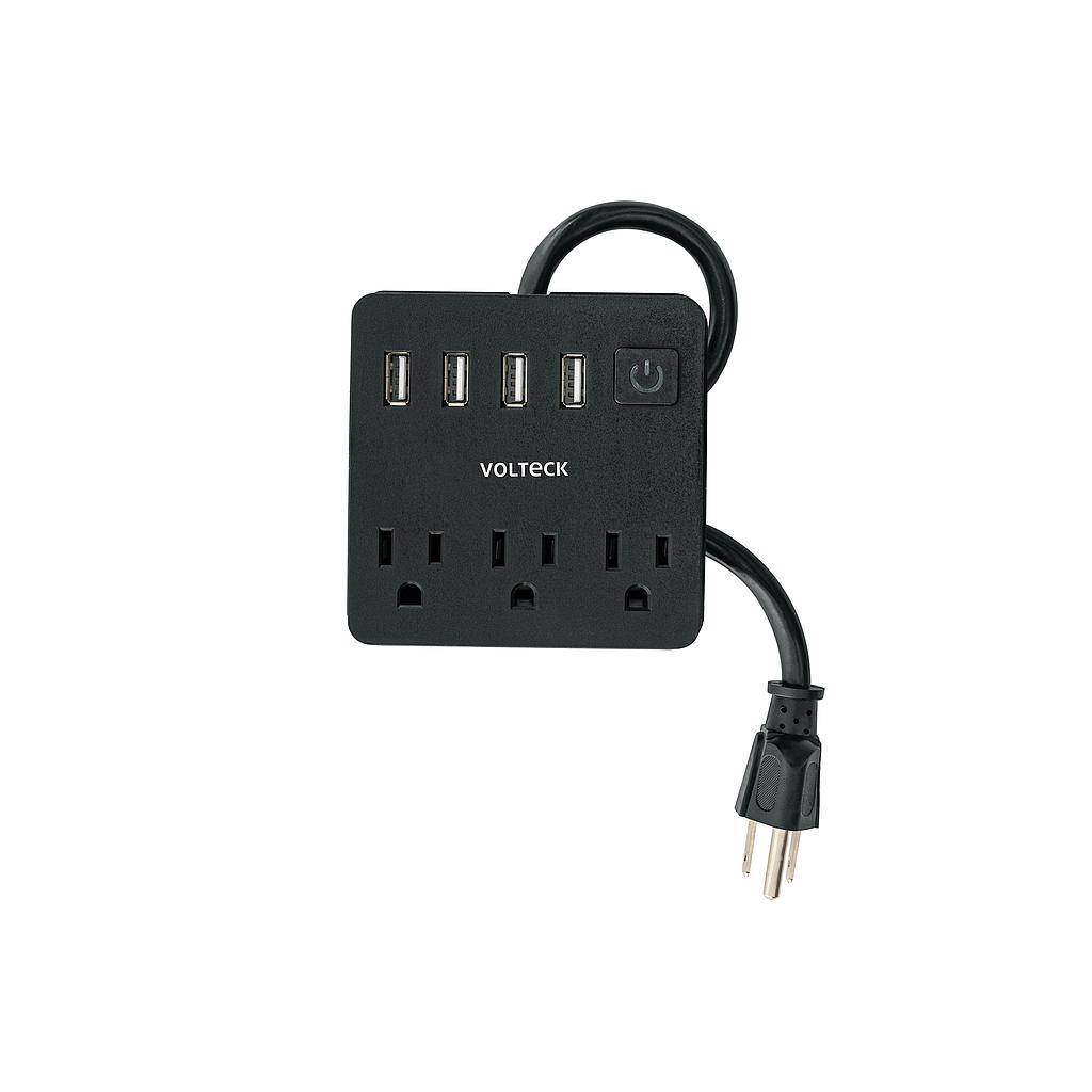 MULTICONTACTO 16 AWG DOMÉSTICO, 3 ENTRADAS 4 PTOS USB, NEGRO