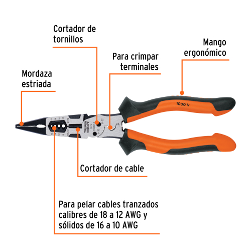 PINZA MULTIUSO 8 PUNTA LARGA, COMFORT GRIP, TRUPER EXPERT