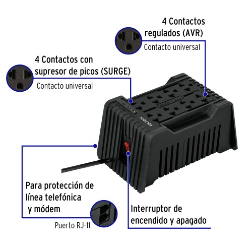 REGULADOR DE VOLTAJE DE 1200 VA / 600 W 8 CONTACTOS, VOLTECK
