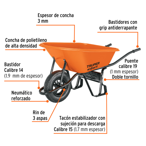 CARRETILLA CONCHA PLASTICA 6FT LLANTA NEUMATICA TRUPER