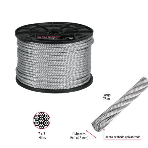ROLLO DE 75 m CABLE RIGIDO DE 1/4" DE ACERO 7 X 7 FIERO