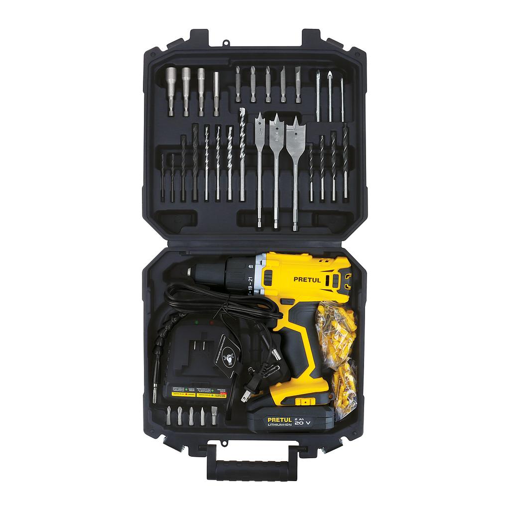 KIT TALADRO 1/2´, 20V, 1 BATERIA  2AH, 32 ACCESORIOS  PRETUL