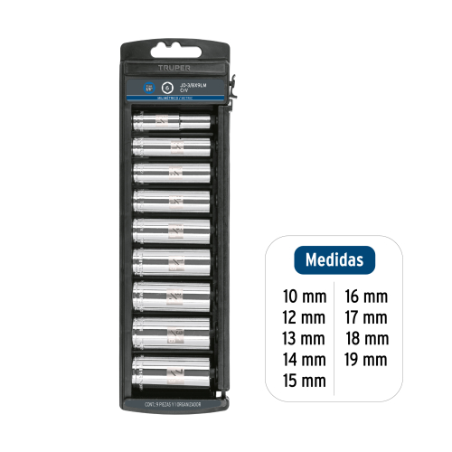 JUEGO DE 9 DADOS LARGOS CUADRO 3/8 MM TRUPER