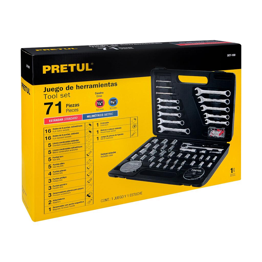 JUEGO DE 71 HERRAMIENTAS 1/4" Y 3/8" PARA MECÁNICO  PRETUL
