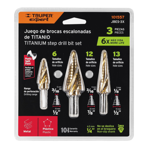 JUEGO DE 3 BROCAS ESCALONADAS DE TITANIO TRUPER EXPERT