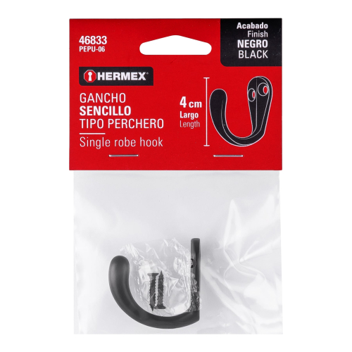 GANCHO SENCILLO TIPO PERCHERO 4 CM NEGRO HERMEX
