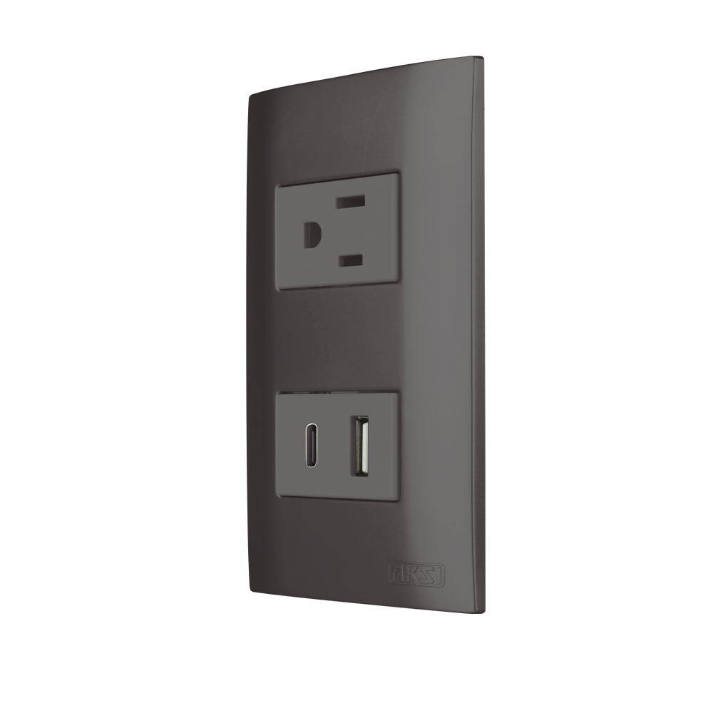 CONTACTO ATERRIZADO CON UN PUERTO USB Y UN PUERTO TIPO C  CON PLACA PLASTICA ONIX LINEA ALTIMUS