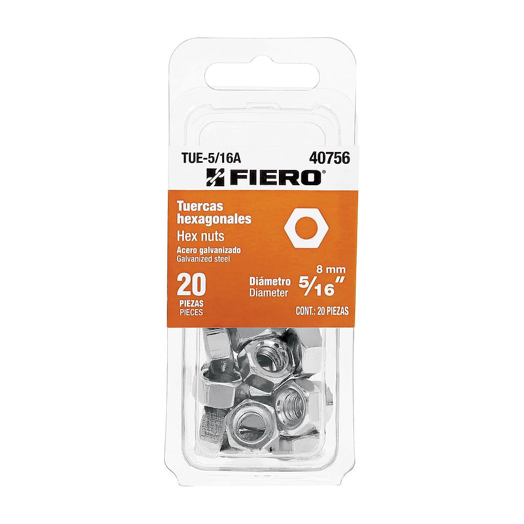 BLISTER CON 20 TUERCAS HEXAGONALES DE 5/16" DE ACERO GALVANIZADO FIERO