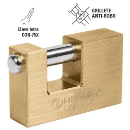 CANDADO ANTIPALANCA DE 75 mm CUERPO DE LATON LLAVE TETRA HERMEX