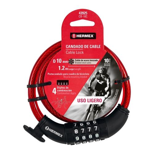 CANDADO DE CABLE CON COMBINACION DE 10 mm X 1.20 m HERMEX