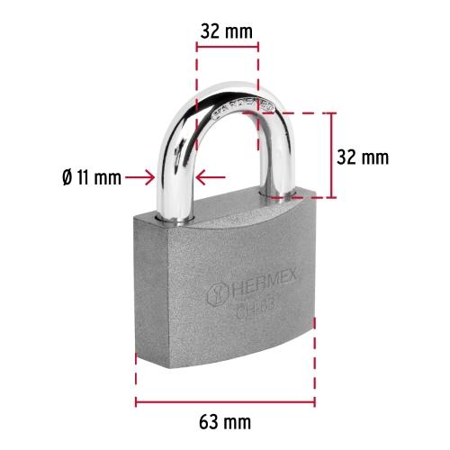 CANDADO DE HIERRO 63 MM GANCHO CORTO EN CAJA HERMEX