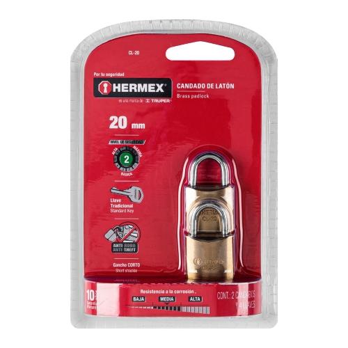 BLISTER CON 2 CANDADOS DE LATON DE 20 mm CON GANCHO CORTO HERMEX