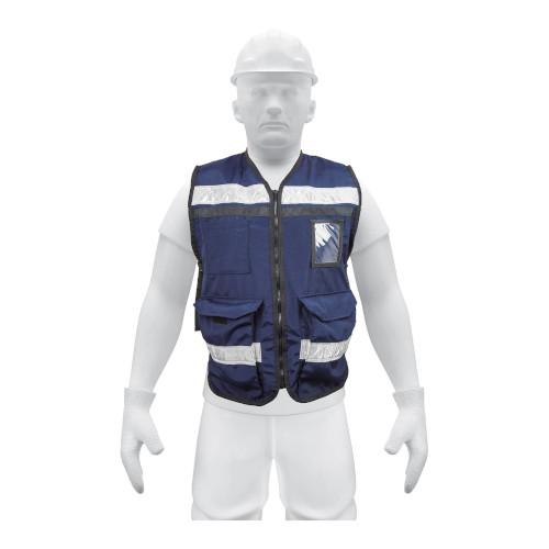 CHALECO BRIGADISTA CON CINTAS REFLEJANTES COLOR AZUL MARINO