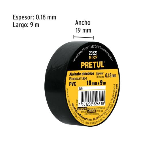 CINTA DE AISLAR DE 9 m X 19 mm  NEGRA  PRETUL