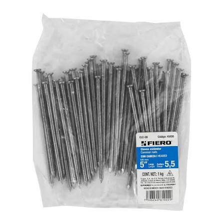 BOLSA CON 1 kg DE CLAVO ESTANDAR DE 5" CON CABEZA FIERO