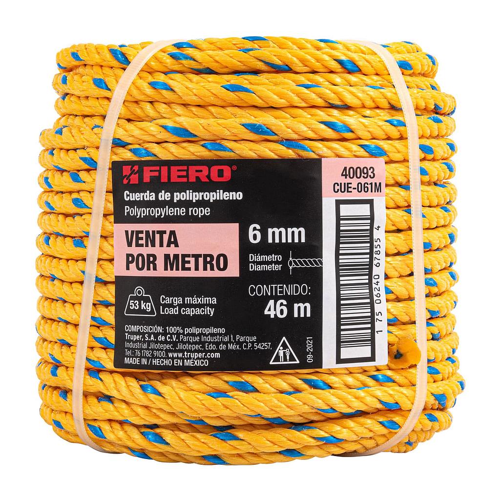 CUERDA AMARILLA DE POLIPROPILENO DE 6 mm (1/4), ROLLO 46 m FIERO