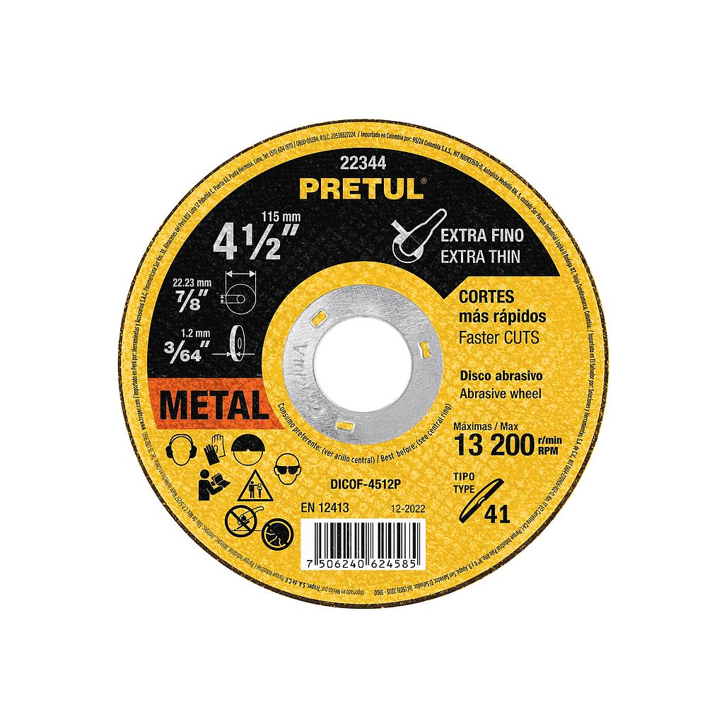 DISCO ABRASIVO DE CORTE PRECISO METAL 4-1/2" X 1.2 mm PRETUL