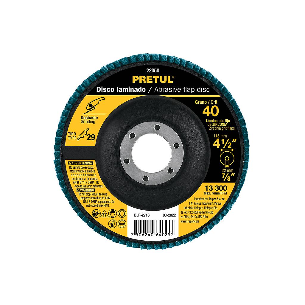 DISCO LAMINADO 4-1/2"  GRANO 40 CENTRO 7/8"  FIBRA  PRETUL