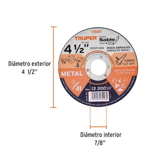 DISCO ABRASIVO DE CORTE PRECISO METAL 4-1/2" X 1.6 mm TRUPER