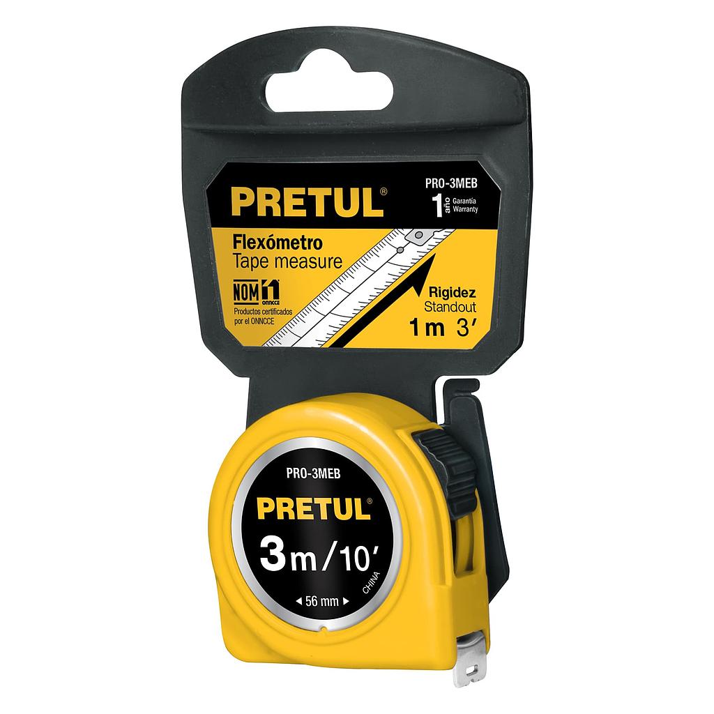 FLEXÓMETRO AMARILLO 3 m CINTA 13 mm  EN TARJETA  PRETUL