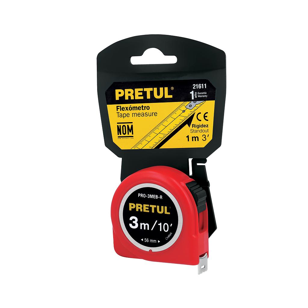 FLEXÓMETRO ROJO 3 m CINTA 13 mm  EN TARJETA  PRETUL