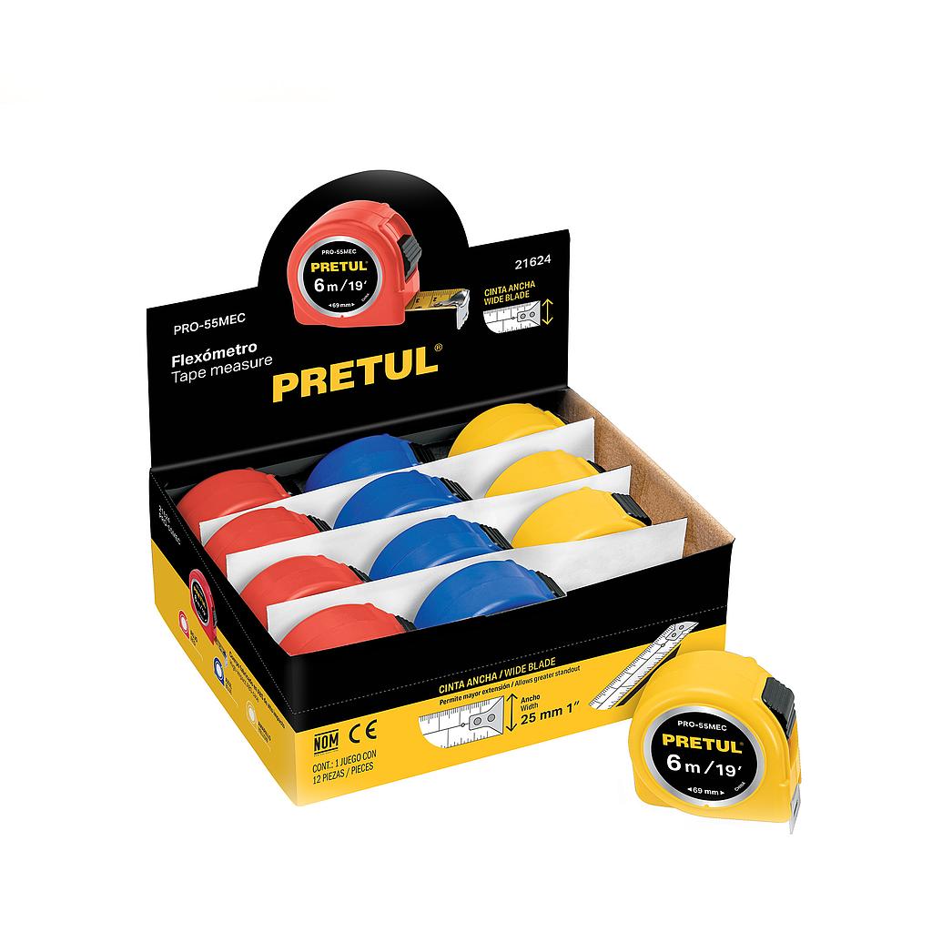 FLEXÓMETRO 6 m CINTA 25 mm  EN DISPLAY BOX  PRETUL