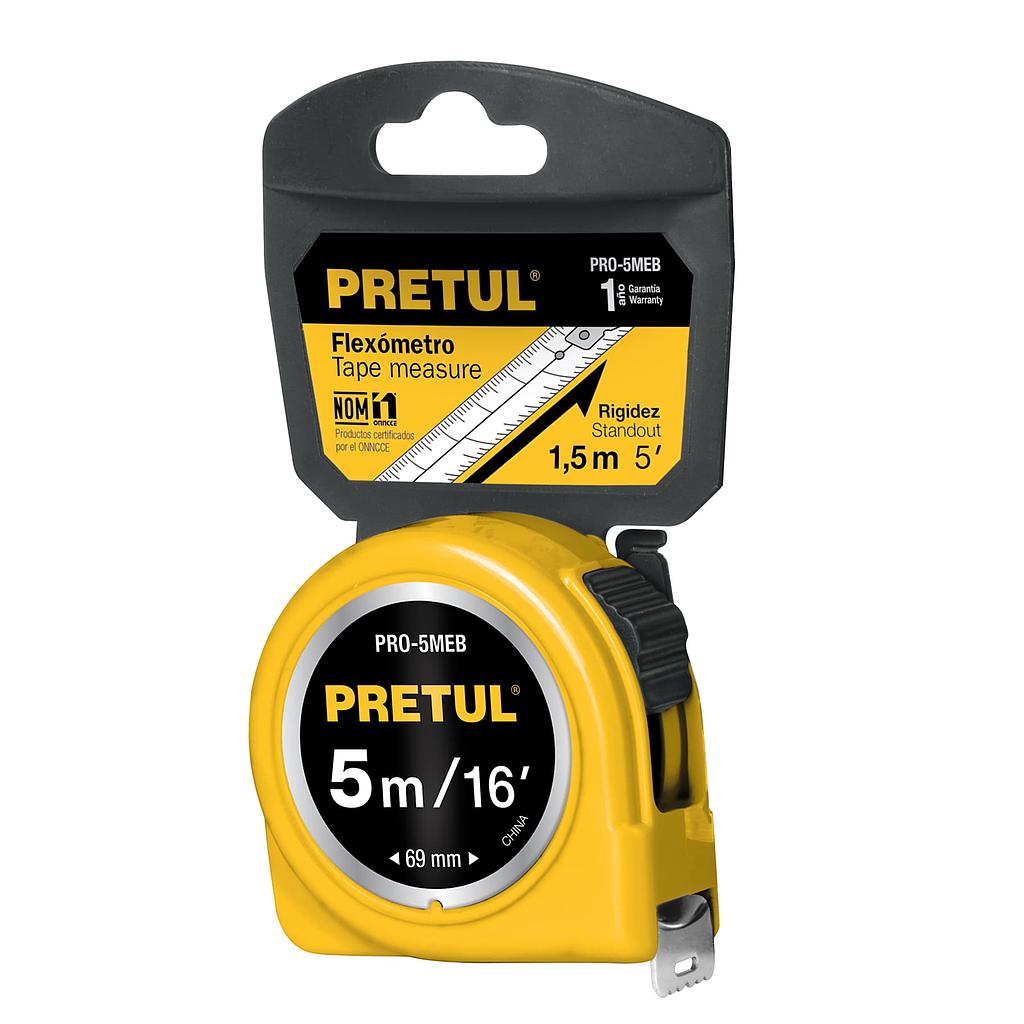 FLEXÓMETRO AMARILLO 5 m CINTA 19 mm  EN TARJETA  PRETUL