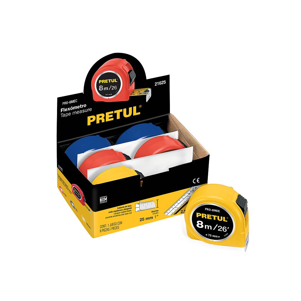 FLEXÓMETRO 8 m CINTA 25 mm  EN DISPLAY BOX  PRETUL