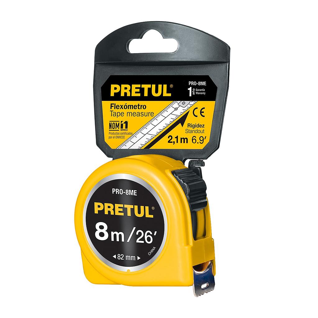 FLEXOMETRO AMARILLO 8 m CINTA 25 mm EN TARJETA PRETUL