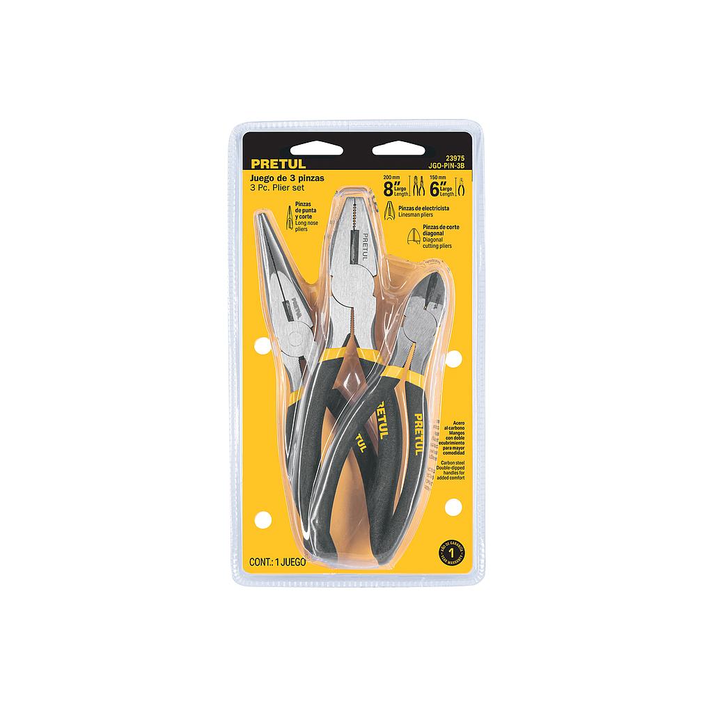 JUEGO DE 3 PINZAS  2 DE 6" Y 1 DE 8"  MANGOS DE PVC  PRETUL