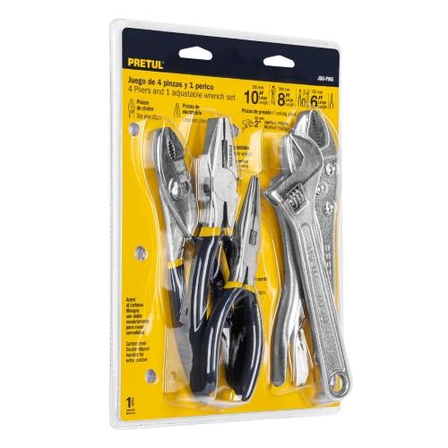 JUEGO DE 4 PINZAS Y 1 LLAVE AJUSTABLE  PRETUL